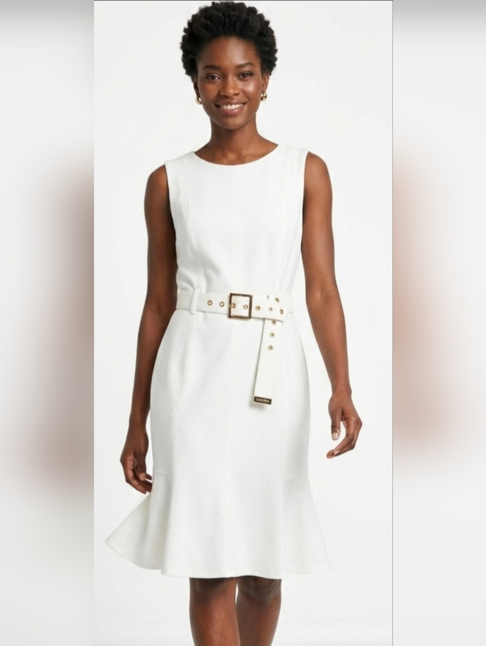 Calvin Klein White Fit & Flare Dress Belted Gold Buckle Sleeveless NWT Size 10